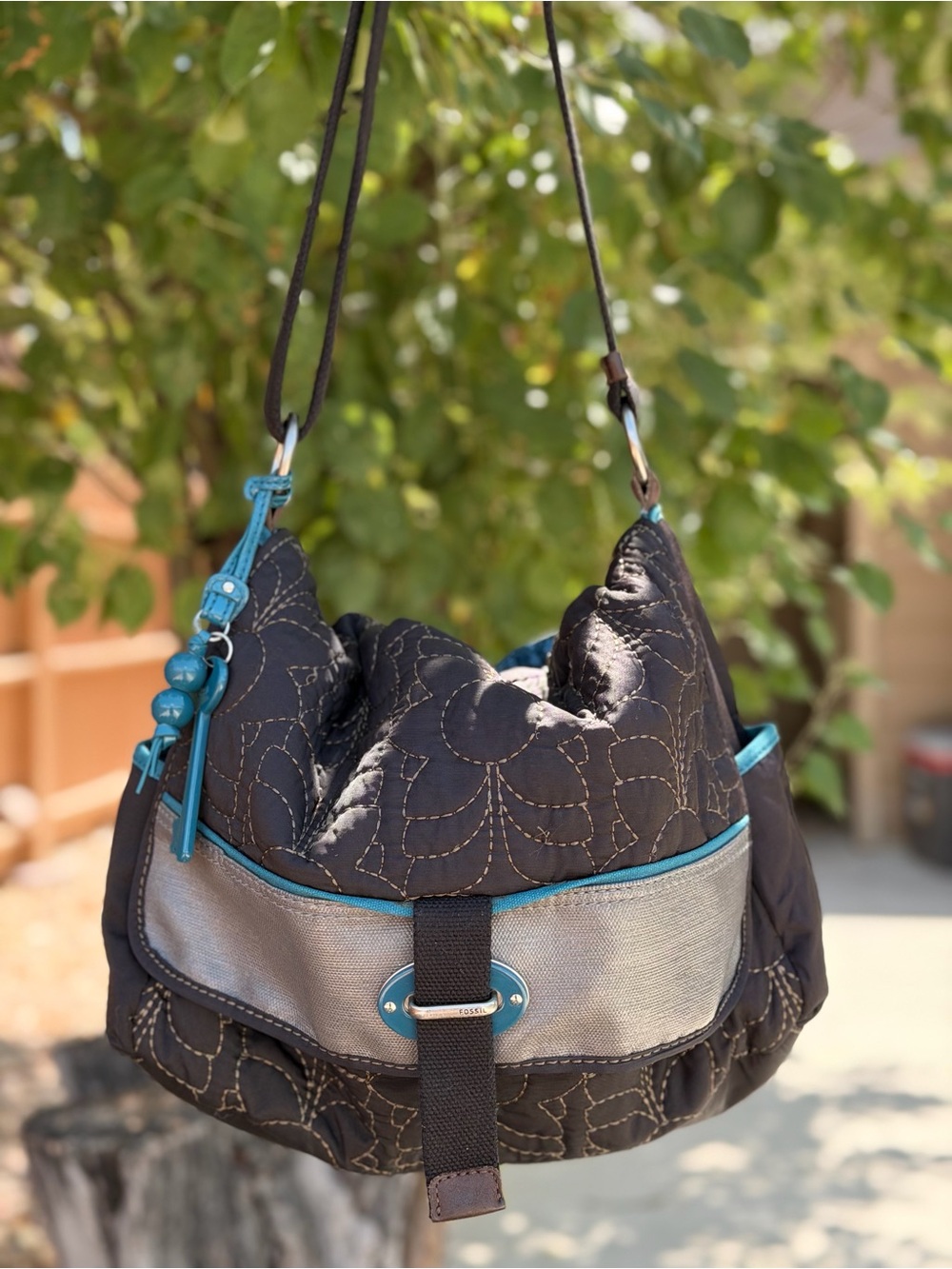 Fossil Brown Hobo Bag with Teal Accents